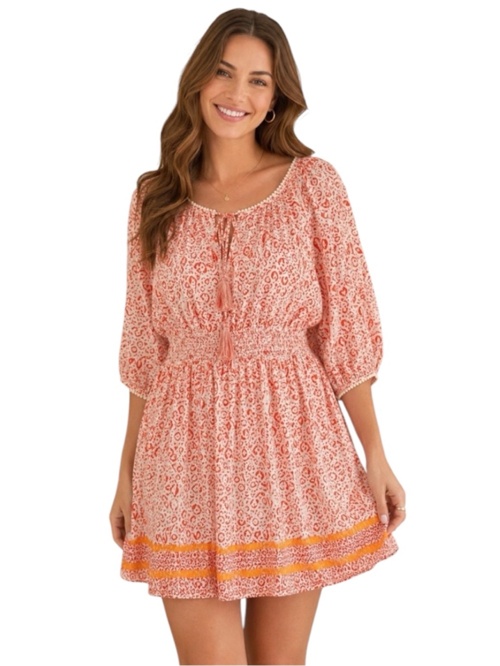 NEW Athleta Printed Calico Mini Dress Tasseled Peasant Smocked Size XXS Coastal